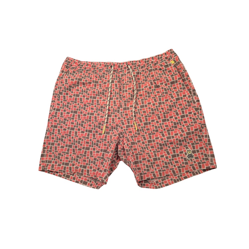 Psycho Bunny Mens Pink Brown Geometric Print Swim Trunks Size M Drawstring